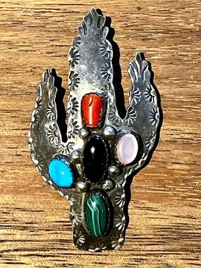 Sterling Silver Cactus pendant and brooch pin Turq Coral Onyx Rose Malachite